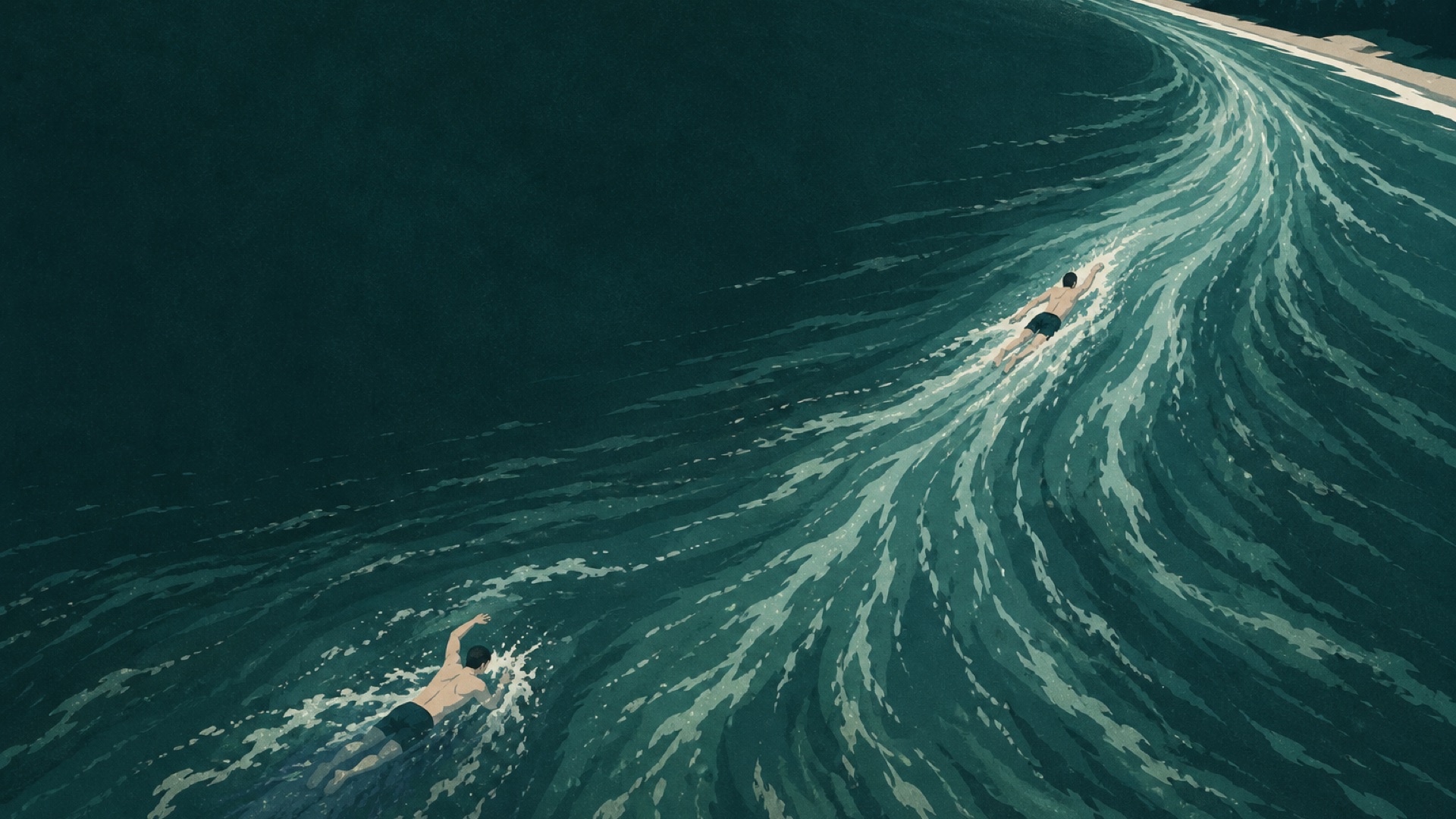 Two swimmers seen from above in dark teal water. One is carried by a strong current toward a distant shore, while the other falls behind, swimming against it.